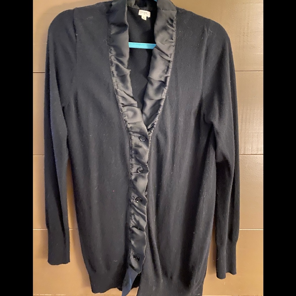 J. Crew black satin ribbon trim cardigan size large. Very good condition.